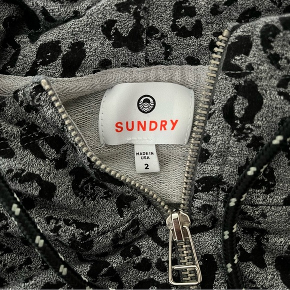 SUNDRY Gray/Black Leopard Print Front Zip Very Soft Hoodie Size 2, Medium - Picture 11 of 12